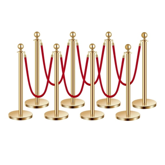 Stanchions and Velvet Ropes 8pcs, Gold Crowd Control Barriers - 201 Stainless Steel Posts with 6 Red Ropes, Event Supplies