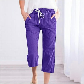 VERUGU Women's Cotton Linen Drawstring Capris Pants, Casual Loose