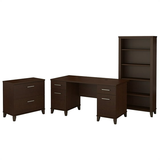 Bush Somerset 60w Office Desk With File Cabinet And Bookcase In Cherry