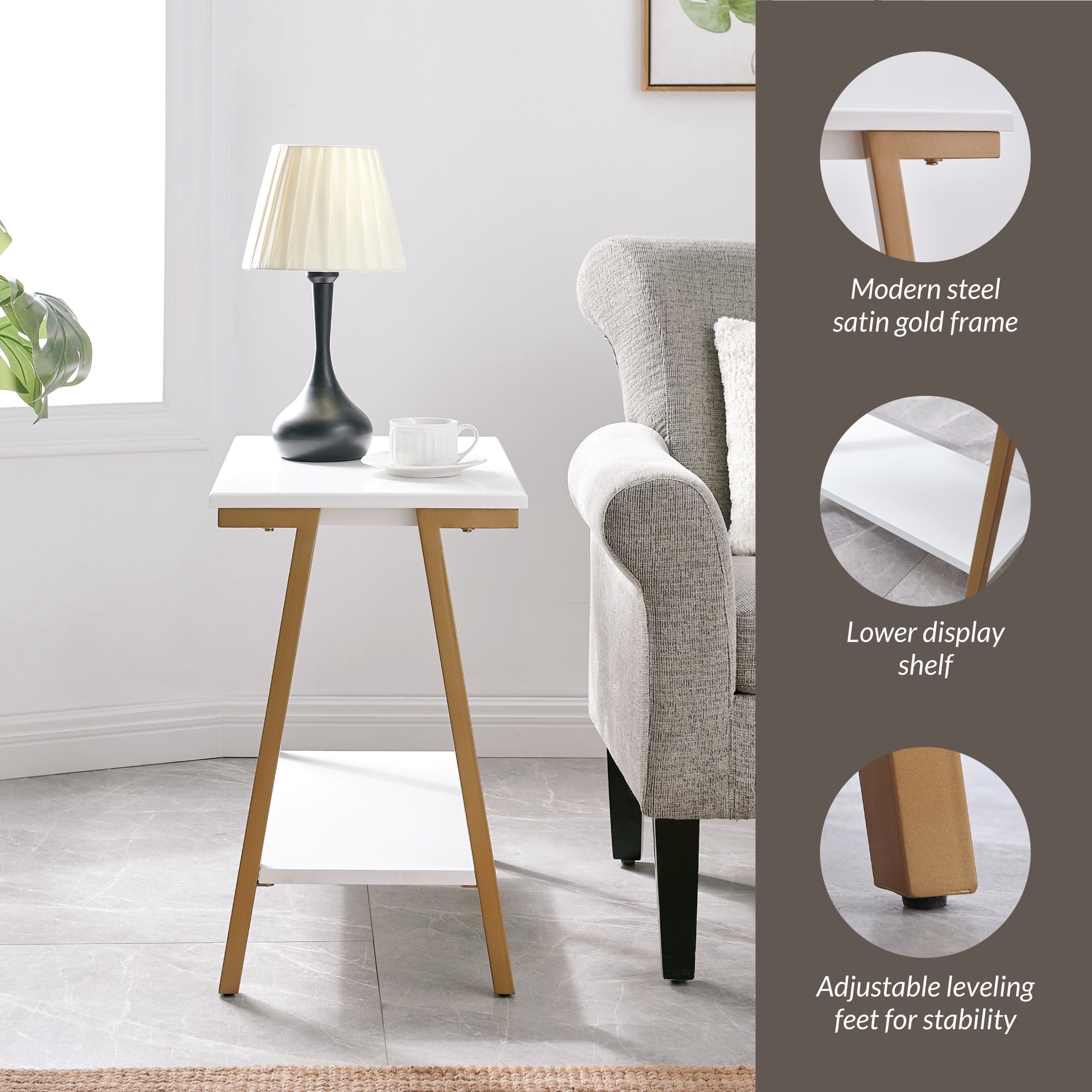 Leick Furniture Empiria Wood and Metal Narrow End Table with Shelf, White/Gold