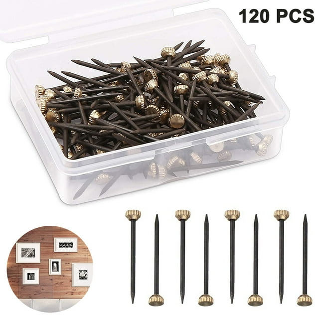 Versatile Mounting Hardware, Hardened Nails With Brass Heads For Heavy Duty Projects, Comes With A Practical Plastic Storage Box