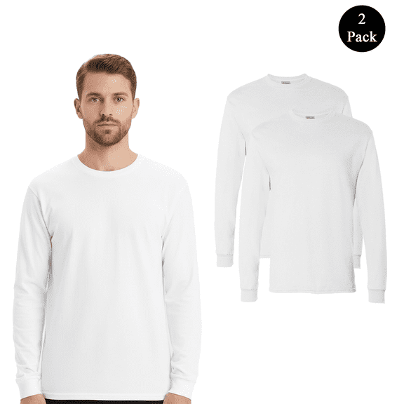 Hanes Essential-T Men's Cotton T-Shirt, Long Sleeve Crewneck White Color Bulk Tee, 2-Pack, Size-S