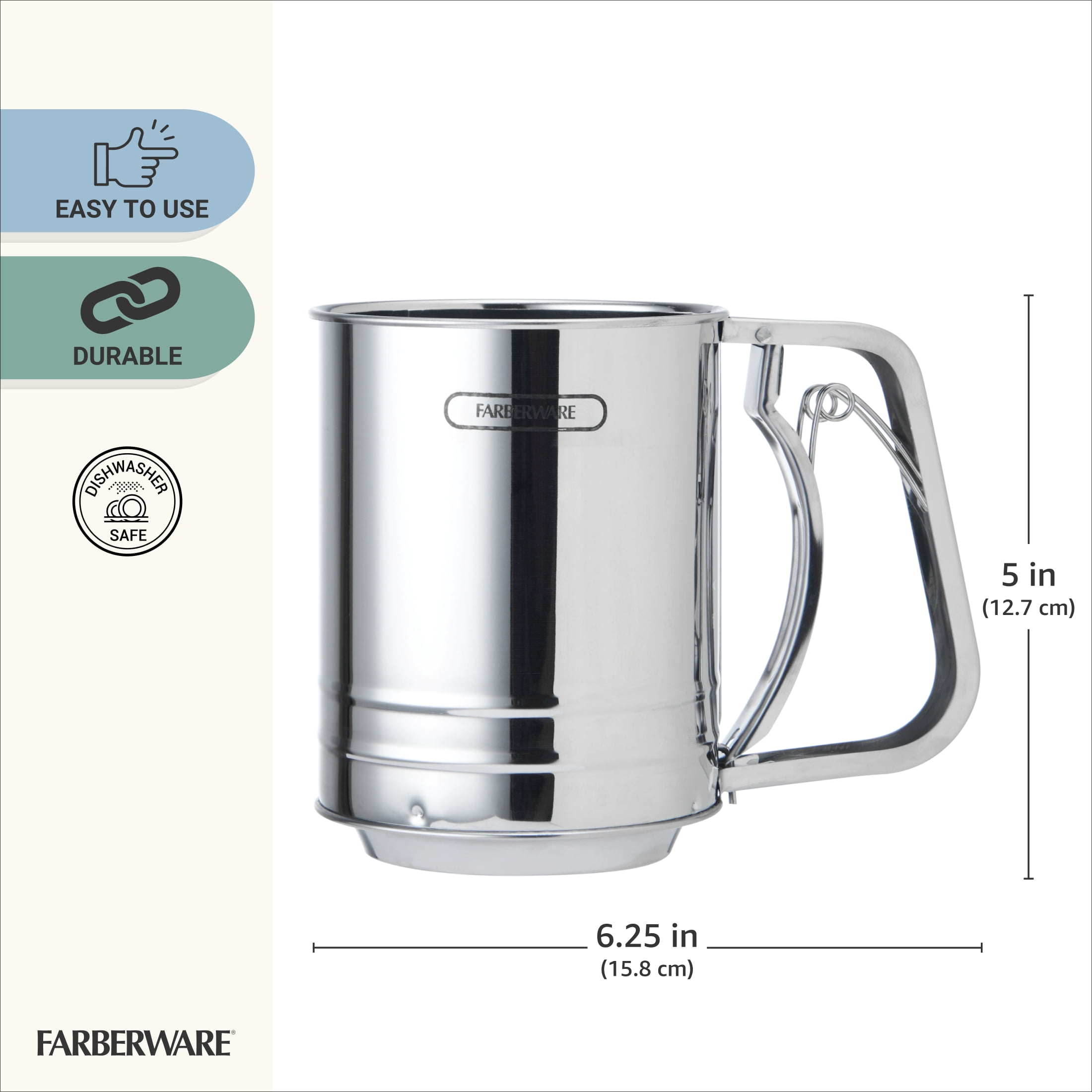 Farberware Professional Stainless Steel 3 Cup Flour Sifter with One-Hand Operation
