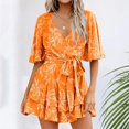 thumbnail image 2 of Qcmgmg Womens Summer Short Flared Sleeve Romper V Neck Floral Print Jumpsuit Waist Tie Layer Ruffle Hem Dress Look Rompers Yellow XL, 2 of 5