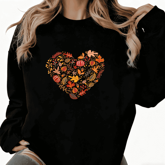Autumn Heart Floral Loving Graphic Tee T-Shirt Print Top Suitable Round-neck long-sleeved Black S-3XL