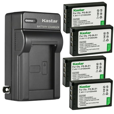 Image of Kastar 4-Pack Battery and AC Wall Charger Replacement for Olympus BLS-1 PS-BLS1 Battery BCS-1 PS-BCS1 Charger E-400 E-410 E-420 E-450 E-600 E-620 E-P1 E-P2 E-P3 E-PL1 E-PL1s E-PL3 E-PM1 Camera