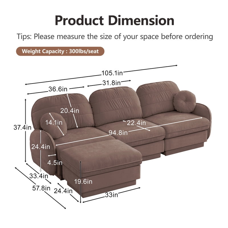 Chenille Modular Sofa with Ottoman, 3-Seater Deep Seat Cloud Couch, Convertible Sectional Sofa with Quilted Cushions & Round Pillows, Modern Sofa for Living Room, Apartment,Rose Dust