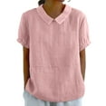 thumbnail image 2 of AKEGAMN With Pockets Breathable Cotton Linen Loose Large Size Slimming Lapel Shirt Short Sleeve Top, Pink XXL, Size S-XXL, 2 of 5