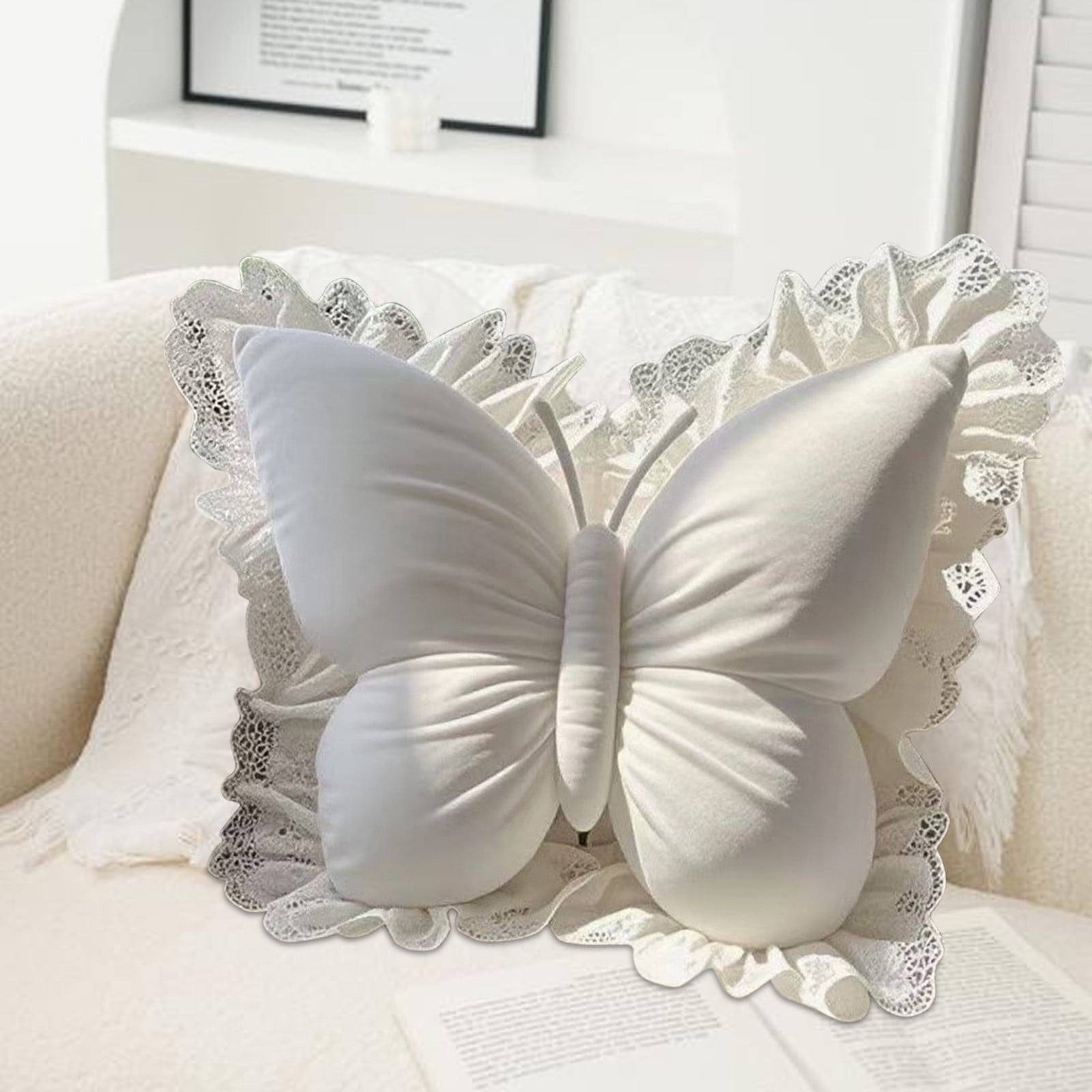 Comefolife Cute Butterfly Pillow with Lace Bow Throw Pillows Furry Bownote Plush Pillow Decor Bow Lumbar Suffed Pillow for Home Living Room Bedroom Bed Couch Cushion (White)