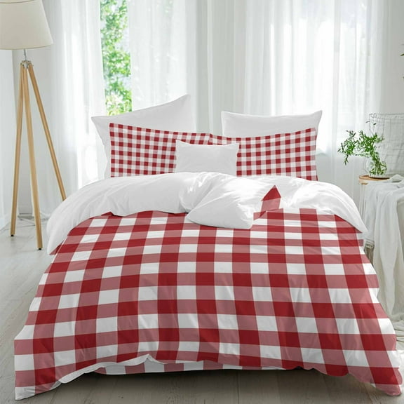 Rustic Red Duvet Cover Set Queen Size, and White Buffalo Plaid 4 Piece Soft Microfiber Bedding Set with 1 Duvet Cover, 1 Flat Sheet, 2 Pillowcases