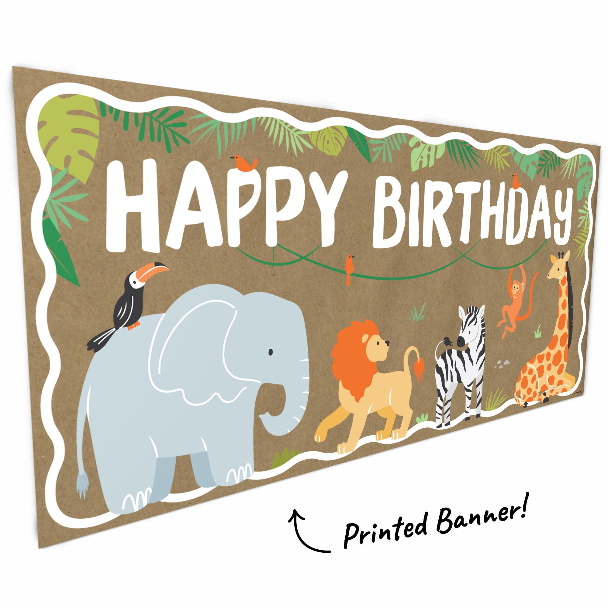 Big Dot of Happiness Safari Animals Kraft Paper Banner, Jungle Happy Birthday Party Banner, Printed Brown Paper Party Sign Decoration – 1 Count