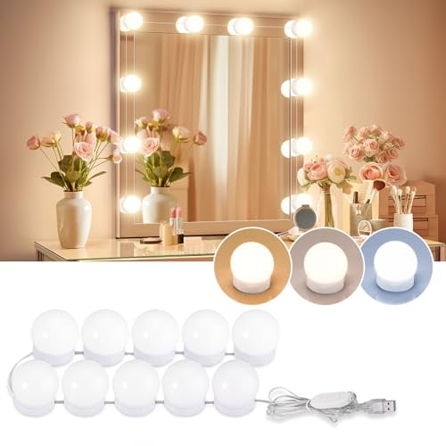 LED Vanity Lights For Mirror,Hollywood Style With 10 Dimmable Bulbs,Adjustable Color & Brightness,USB Cable,Stick on for Makeup Table Dressing Room Mirror