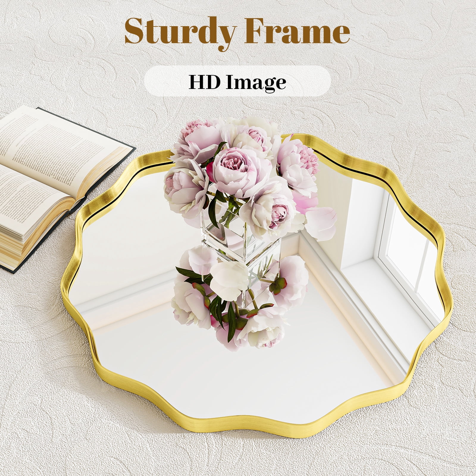 SHATTERVIEW 36" Wavy Round Bathroom Mirror Wall Mounted Vanity Mirror, Gold