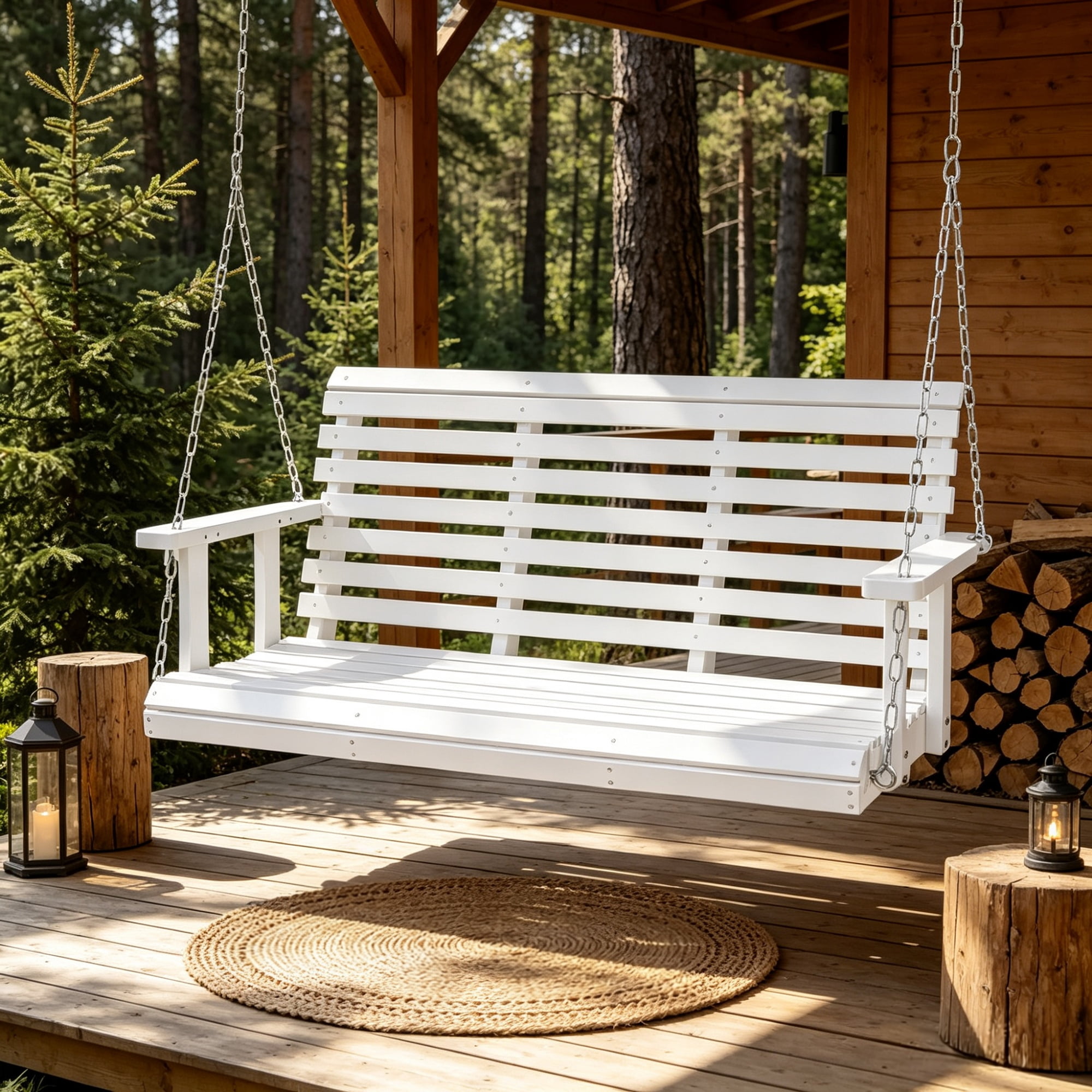 4.5ft Wooden Porch Swing with Hanging Chains, 880 lbs Heavy Duty Patio Bench Swing for Courtyard & Garden, White