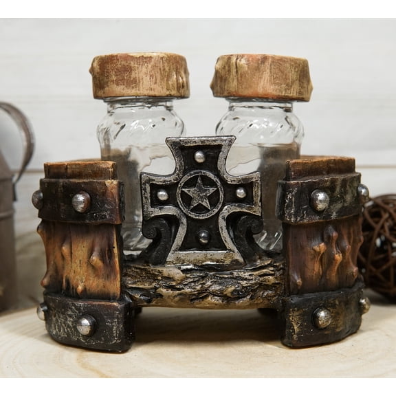 Rustic Western Star Cross With Faux Wood Barrel Base With Salt & Pepper Shakers