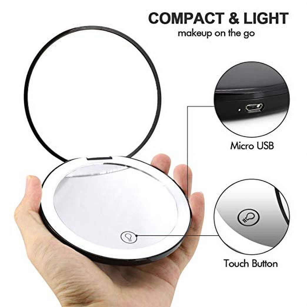 Glam Hobby LED Lighted Travel Makeup Mirror, 1x/7x Magnification - Daylight LED, Touch button, Dimmable, Compact, Portable, USB Chargeable battery operarted, Large 4 1/2” Wide Folding Mirror（black） - image 3 of 7
