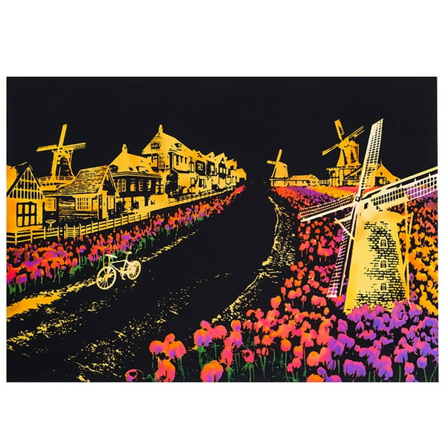 Coofit Scratch Paper Creative Magic Scratch Art Scratch Painting Scratchboard featuring a multicolor Dutch windmill landscape design. The scratchboard measures 41 x 28.7 cm (16.14 x 11.30 in) and is made of durable paperboard. The image showcases vibrant tulip fields, windmills, and a bicycle path against a black background. Includes one scratch paper and a bamboo stick for easy use. Ideal for kids to develop painting skills and hand-eye coordination.