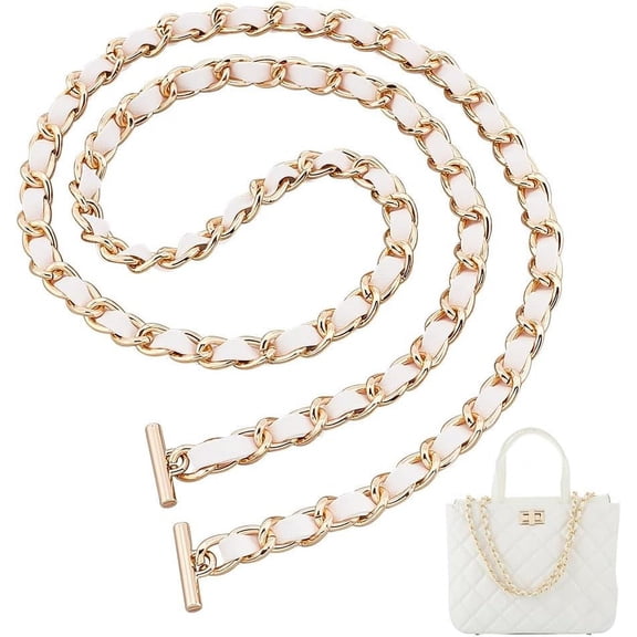Leather Purse Chain Strap 38.6 Inch PU Leather Woven Crossbody Replacement Strap with Toggle Clasp Iron Flat Chain Strap Handbag Chain Accessories White