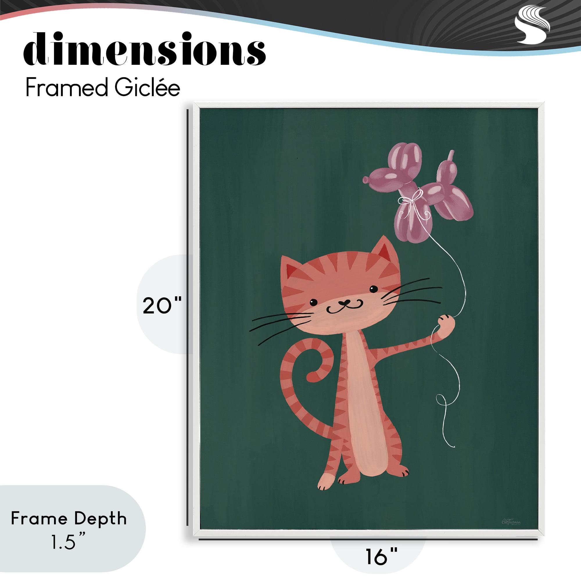 Stupell Industries Balloon Buddy Cat White Framed Giclee Art, design by Cat Thurman Designs