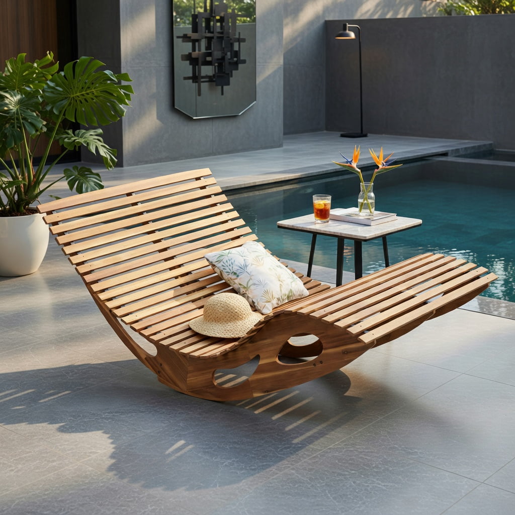 Hommoo Slatted Acacia Wood 2-Seat Dual Rocker Patio Sunbed, Ergonomic Curved Seat, Poolside & Backyard Lounger, Natural