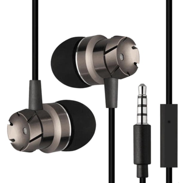 Auriculares estéreo deportivos de metal con cable y bajos de 3,5 mm. Negro