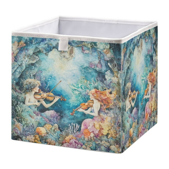 WOBOGO The Mermaid Plays Music Storage Basket Foldable Easy to Clean Durable with Hollow Support Plate with Handle 11.02×11.02×11.02 in