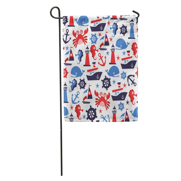 POGLIP Pattern of Nautical Sailor Whale Anchor Boat Cartoon Crab Happy Garden Flag Decorative Flag House Banner 12x18 inch
