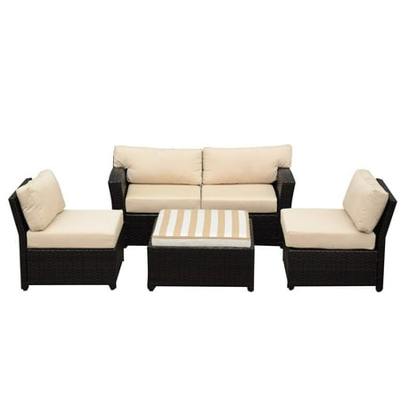 Sunbrella Commercial Patio Furniture Caymus 5 Piece Rattan Wicker Sectional Sofa Set Sunbrella Cushion Outdoor Garden Patio Furniture Set Coffee Beige ()