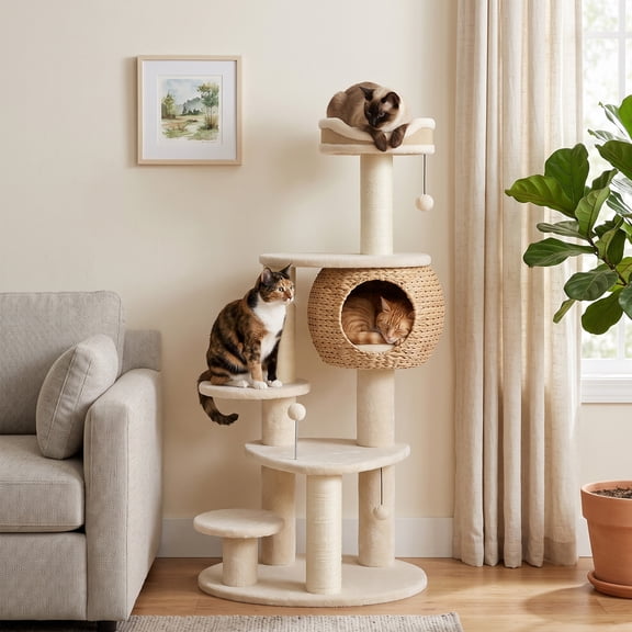PawHut 52" Cat Tree, Cat Tower for Indoor Kittens, Multi-Level Kitty Activity Center with Handwoven Cattail Condo, Beige