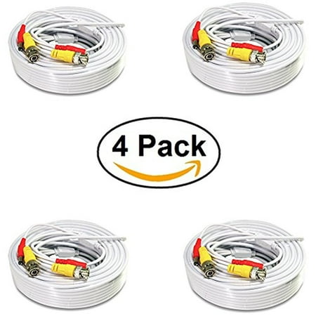 Pack of 4x 100ft White Premade BNC Video Power Cable / Wire For Security Camera, CCTV, DVR, Surveillance System, Plug & Play (White,