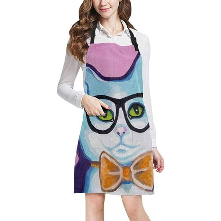 

ASHLEIGH Abstract Blue Cat in The Glasses Painting Pop Art Home Kitchen Apron for Women Men with Pockets Unisex Adjustable Bib Apron for Cooking Baking Gardening