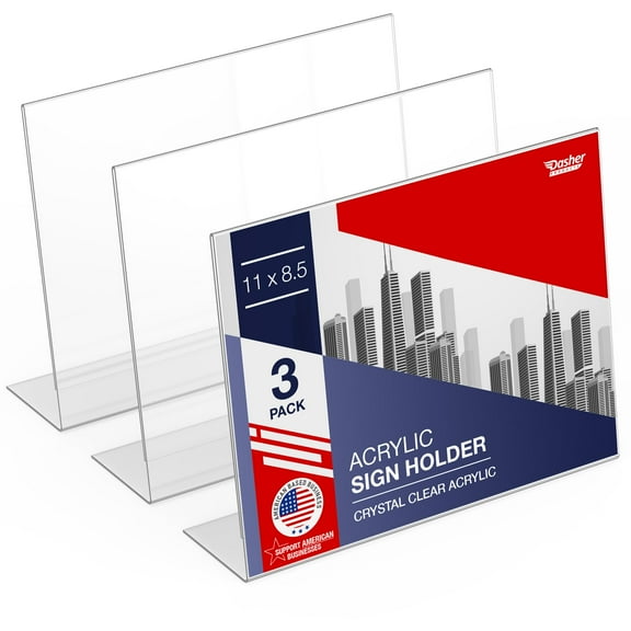 Slant Back Acrylic Sign Holder 11 x 8.5 Inches, 3-Pack Landscape Ad Frame, Flyer Display Stand. Menu and Table Sign Holder for Home, Office, Store, or Restaurant. Acrylic Stands for Paper and Signage
