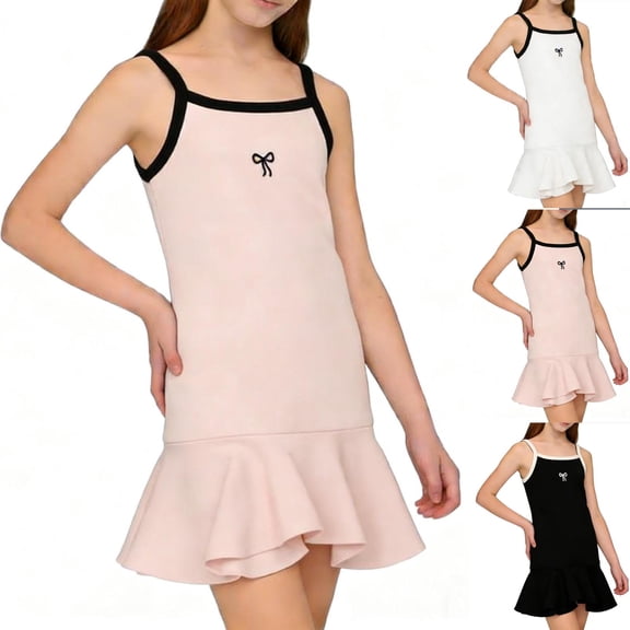 Auroural Girls Dresses Size 7/8 Girls' Summer Short Dresses Solid Color Sleeveless Princess Dress Spaghetti Strap Dress