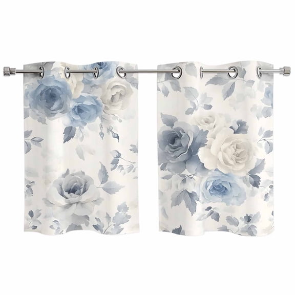 Blue White Floral Kitchen Curtains Small Short 39 Inch Length, Botanical Garden Flowers Leaves Grommet Top Bedroom Living Room Curtains, Light Filtering Cafe Curtain Drapes 2 Panels Set 55''x39''