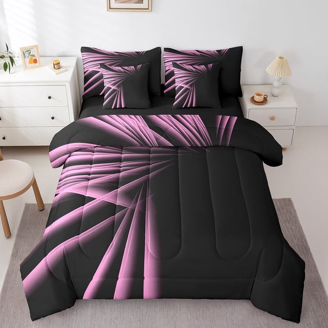 Erosebridal Ensemble de Literie Rose Géométrique Format Grand, Ensemble de Lit à Rayures Abstraites, Décor Mode Moderne, Réversible 7 Pcs