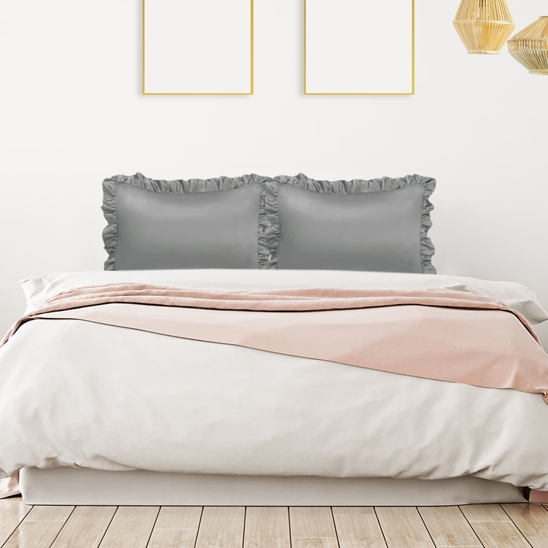 Unique Bargains 2-Piece Satin Ruffled Edge Pillowcases, Standard, Deep Grey
