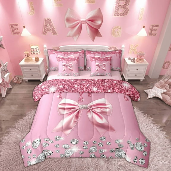 Feelyou Fashion Pink Bow Twin Bedding Sets 7-Piece, Sequin Print Bedding Comforter Set, Princess Style Sheet Sets, Lightweight Bedroom Decorative