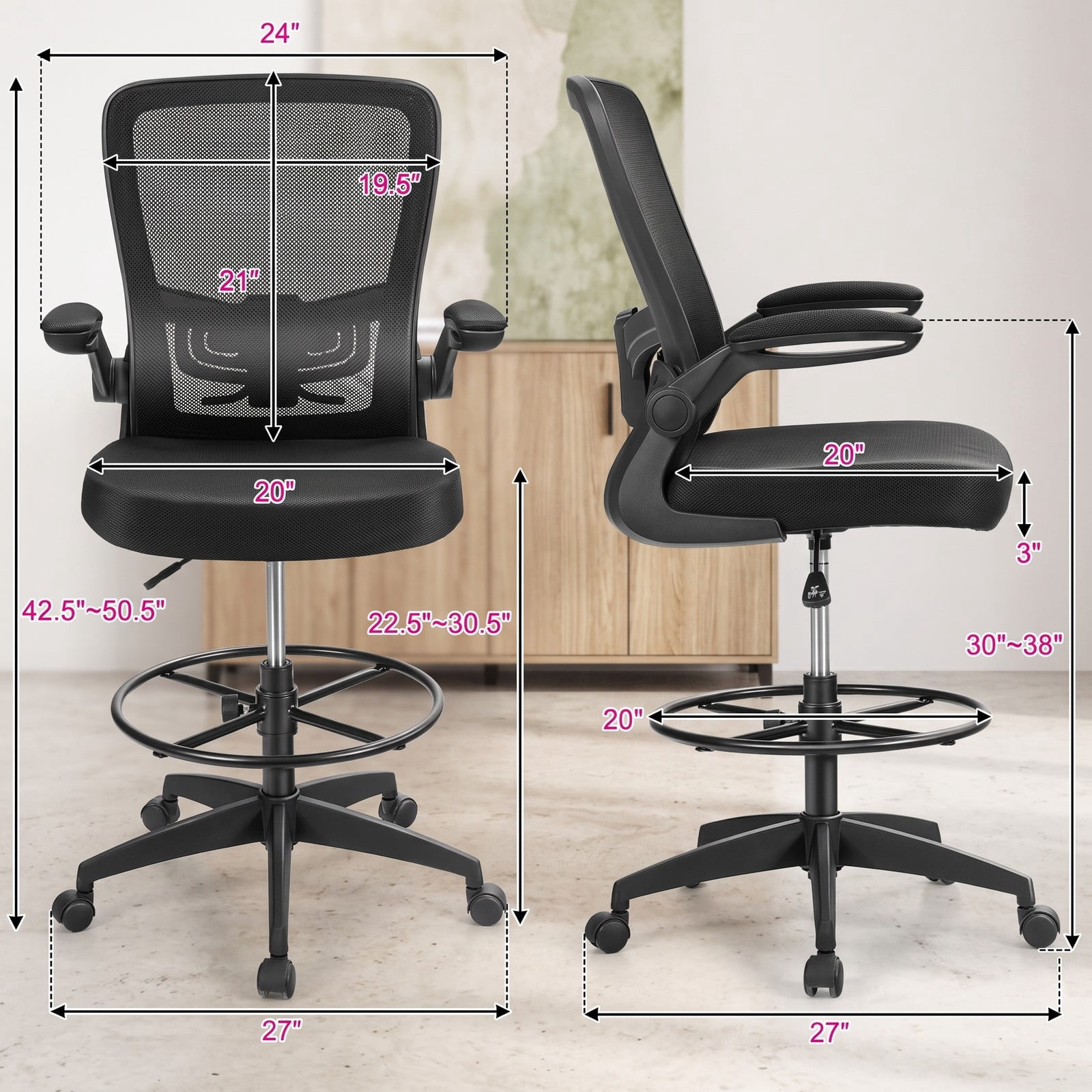 Furnibear Height Adjustable Drafting Chair with Flip-Up Arms, Ergonomic Mesh Back Rolling Task Office Chair with Foot Ring and Adjustable Lumbar Support for, Black