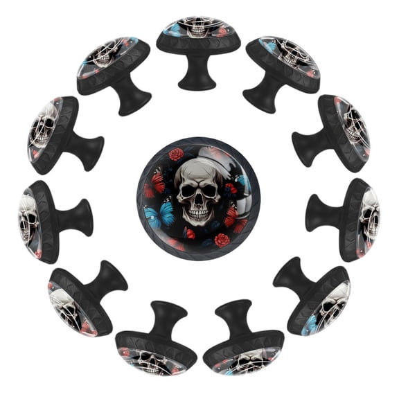 12 Pieces Skull and Butterflies Aesthetic Pattern Glass Knobs for Dresser Drawers, 1.37 x 1.10 IN Round Kitchen Cabinet Pulls For Home Office Nursery Kids Room