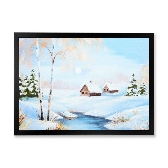 Designart 'Frozen River In The Forest Winter Landscape' Lake House Framed Art Print
