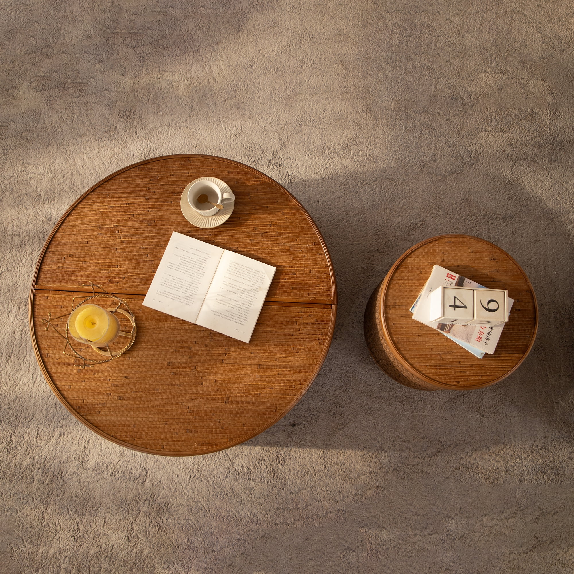 Leumius Round Rattan Coffee Table with Lift-Off Lid Storage, Hand-Woven Hemp Rope Trim, Boho-Chic Style for Cozy Living Rooms & Compact Spaces Natural 1