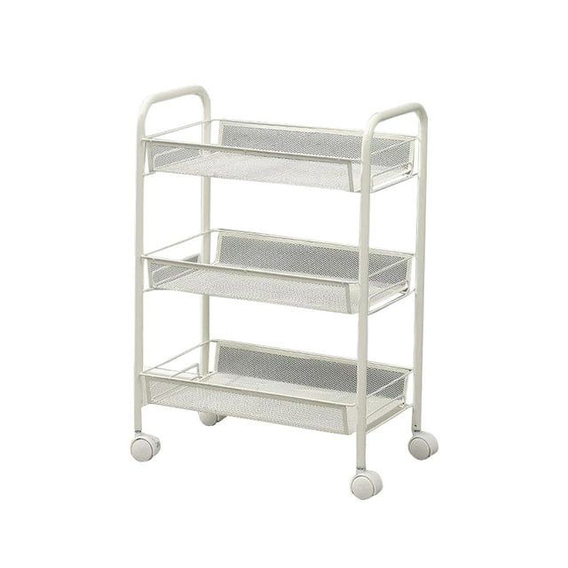 RONSHIN 3 Tier/4 Tier Metal Rolling Cart, Utility Rolling Carts With Handle, Lockable Casters, Storage Trolley With 2 Hooks & 2 Hanging Storage Bucket For Kitchen, Living Room
