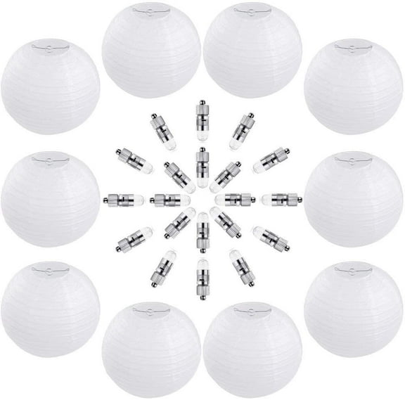 10 Packs 12 Inch White Round Paper Lanterns, 20 Packs White or Warm White LED Party Lights with Batteries
