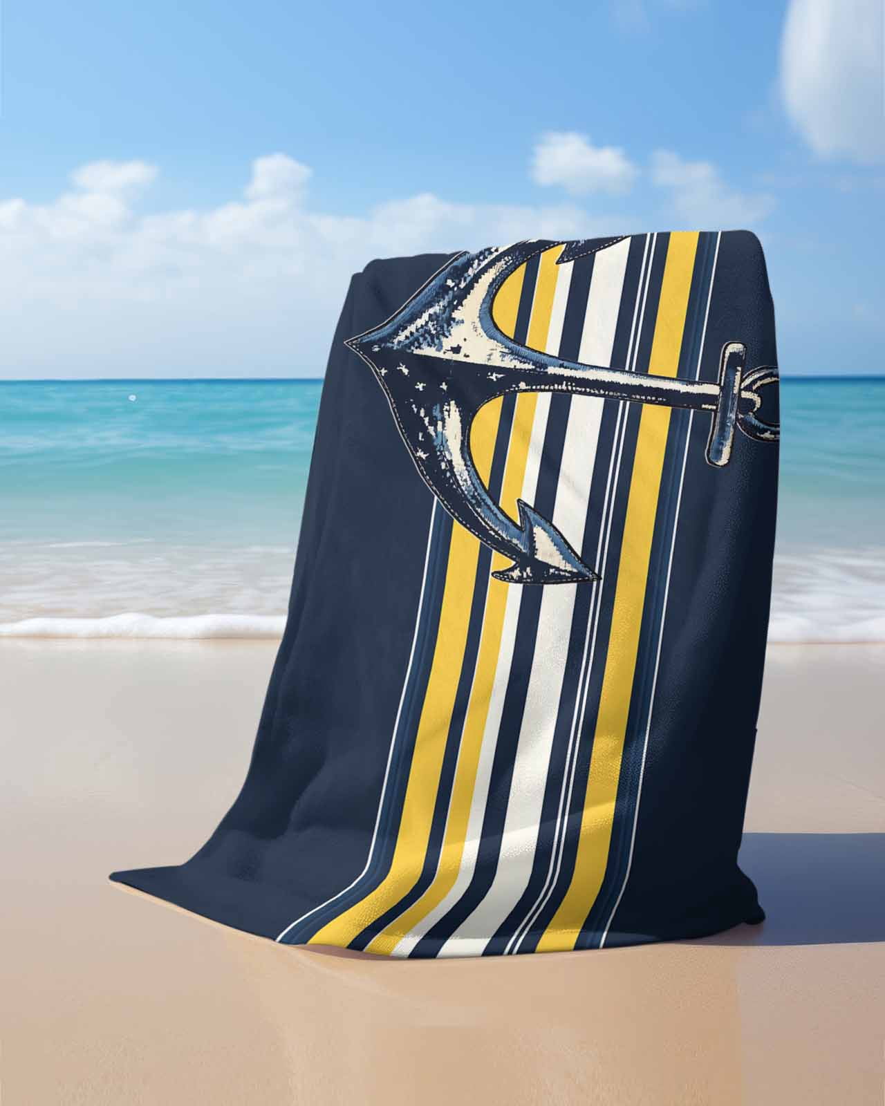 Nautical Anchor Beach Towels Oversized Super Absorbent, Navy Blue Yellow Striped Farmhouse Ombre Lightweight Bath Towel Quick Dry Sets For Bathroom/Pool/Rv Camping/Beach Play/Gym Room/Picnic 23"x47"
