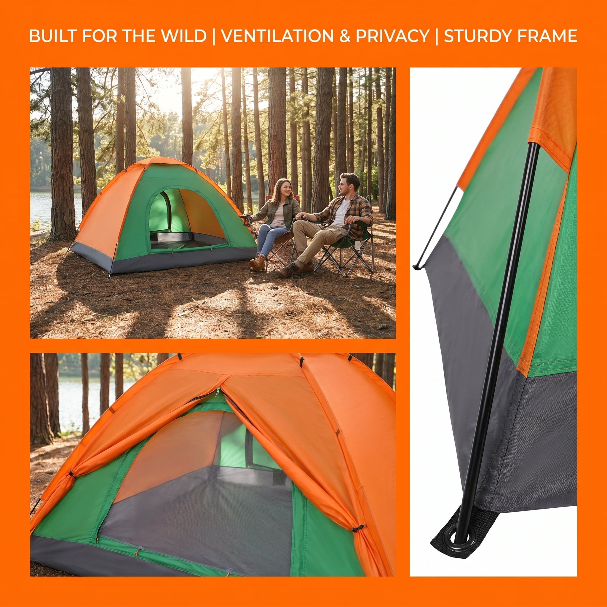 2-Person Waterproof Camping Dome Tent, Outdoor Hiking Survival Tent, Orange & Green