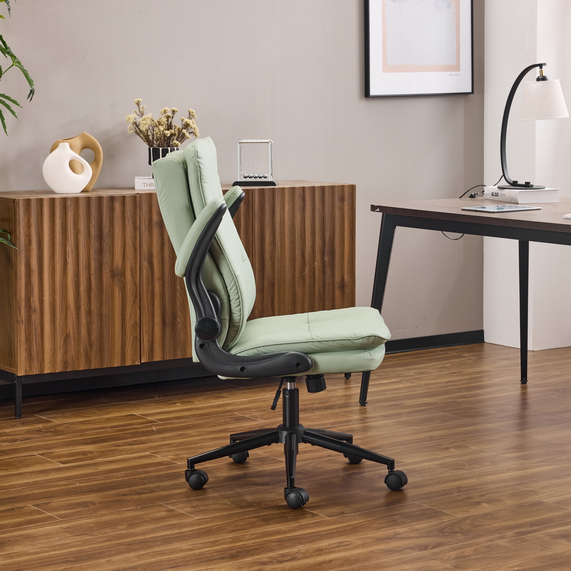 Ktaxon High Back Office Chair – Swivel Desk Chair with Wheels, Adjustable Height & Flip-Up Armrests, Cat Scratch Resistant Fabric Light Green