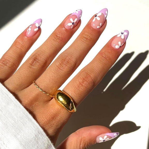 Almond Press on Nails Medium Fake Nails Black French Tip Nails Press ons Glossy Glue on Nails Nude False Nails with Black White Flower Designs Artificial Stick on Nails for Women 24Pcs Nude-5 Purple