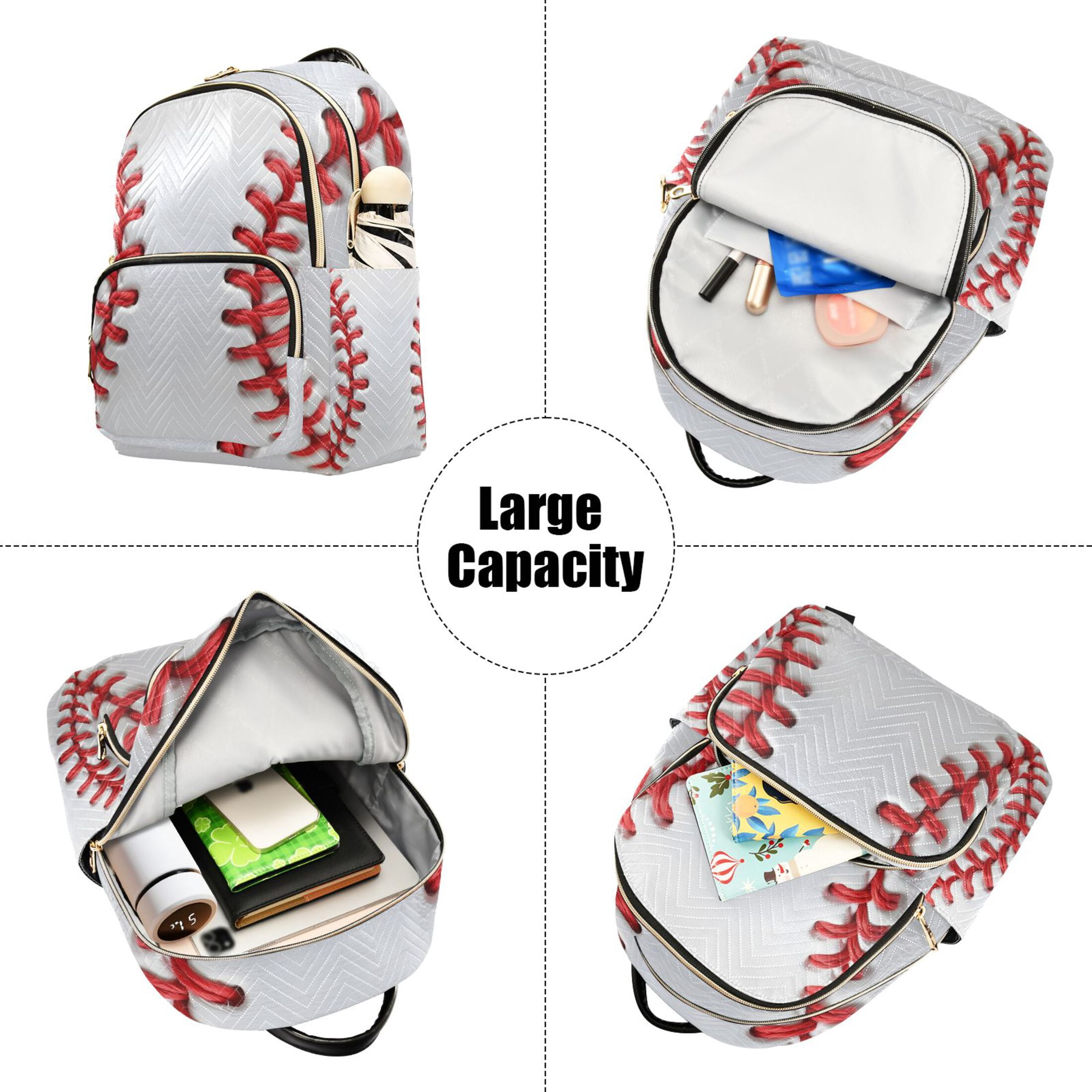White Baseball Close Up Quilted Backpack Fashion Daypack Commuter Bag for Women 8.5 L