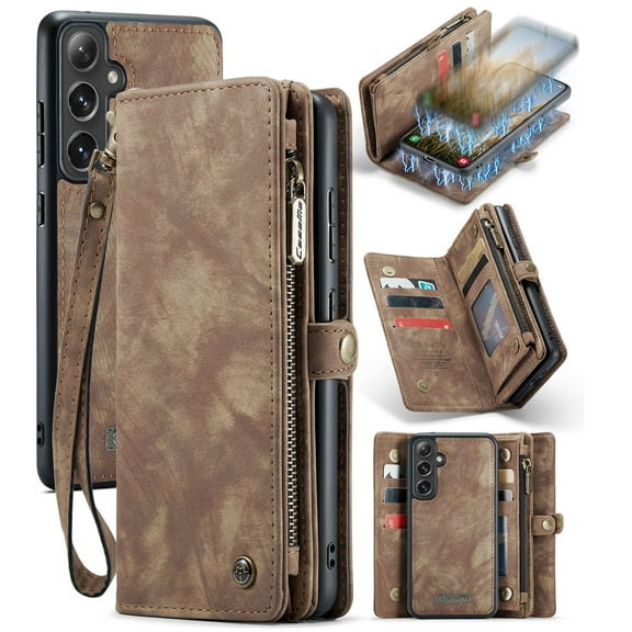 ELEHOLD Multi-Functional Wallet Case for Samsung Galaxy S24,Large Capacity 8 Card Slots Zipper Purse Magnetic Detachable Phone Case with Wriststrap Luxury Leather Case for Samsung S24,Darkbrown