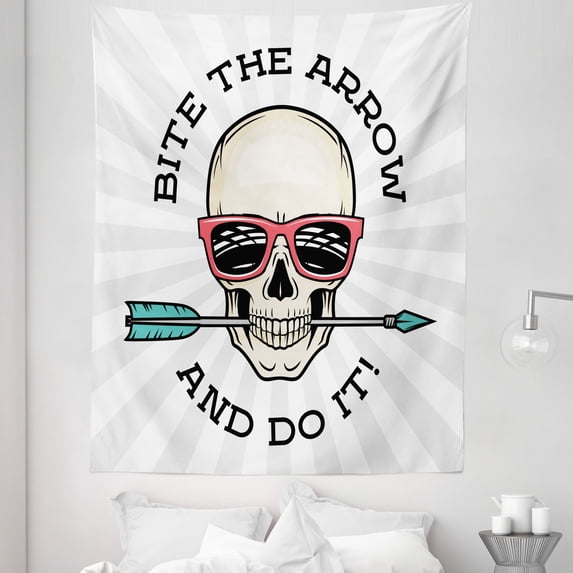 Retro Tapestry, Hipster Skull with Punk Sunglasses and Arrow in Mouth Dead Vibes in Retro Graphic, Fabric Wall Hanging Decor for Bedroom Living Room Dorm, 5 Sizes, Multicolor, by Ambesonne